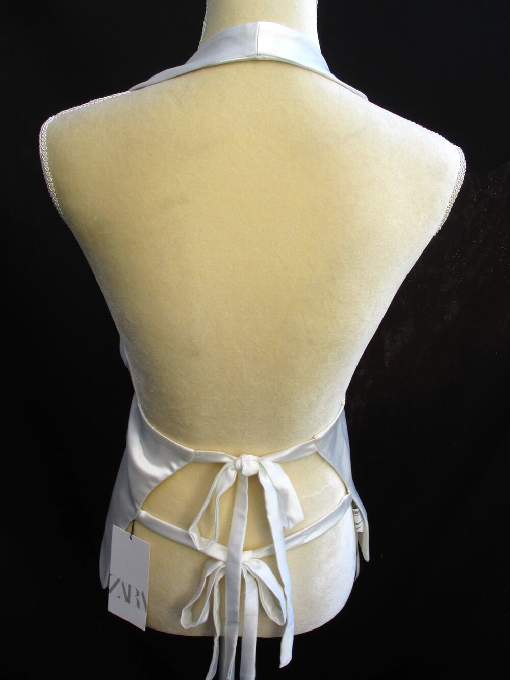 Nwt ZARA Off White Satin Effect Deep V-Neck Double Back Strap Halter Top Sz M